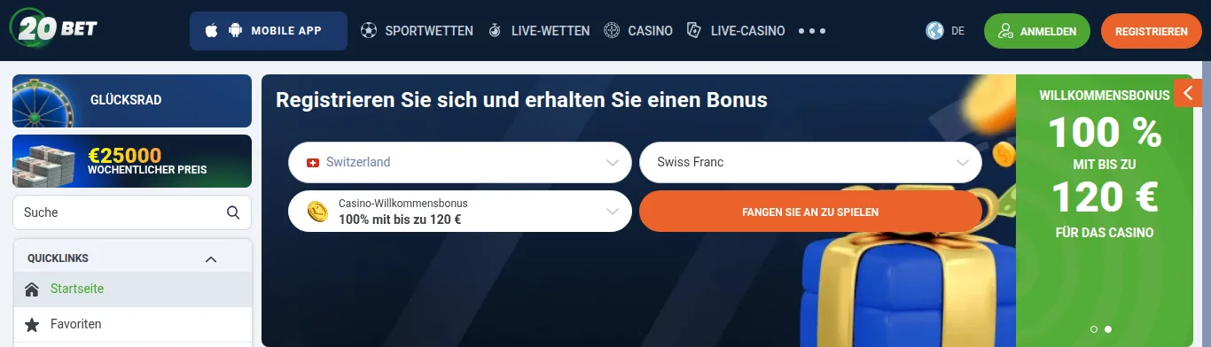 Formulaire d'inscription de 20bet, pays Suisse et franc suisse sélectionnés, à côté du bandeau de bonus de bienvenue