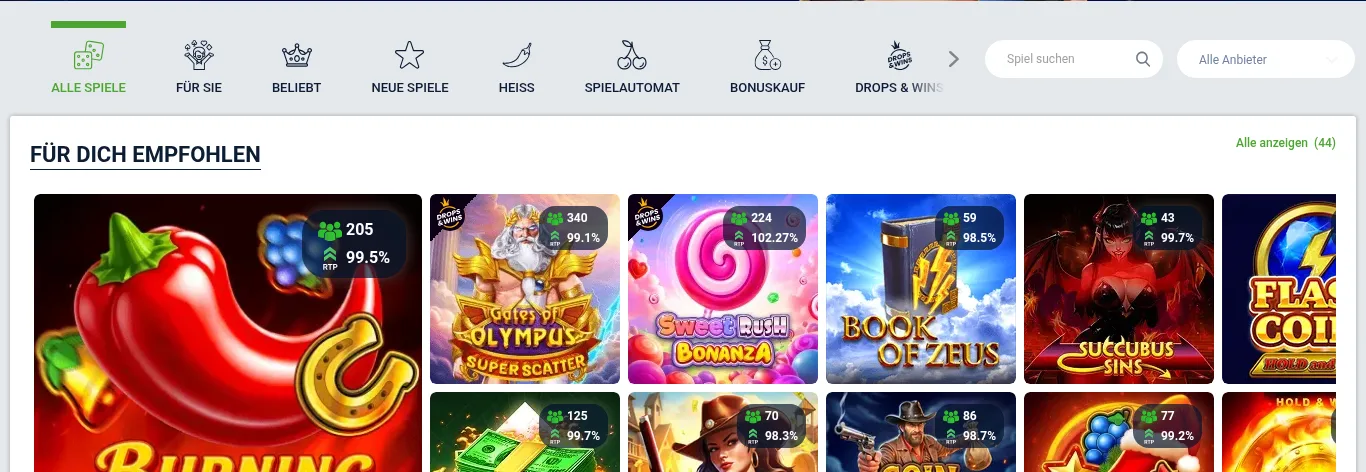 Lobby casino de 20bet : filtres par catégorie et vignettes de machines à sous portant un compteur de joueurs et un pourcentage RTP