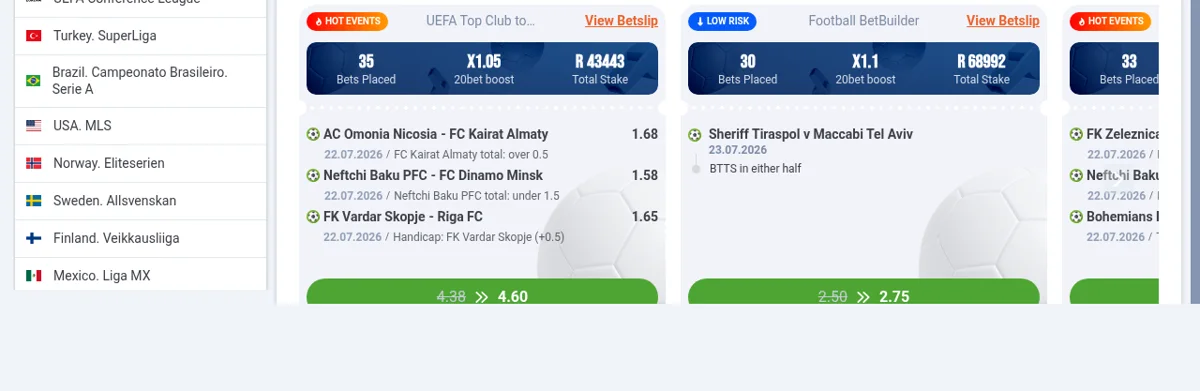 Cotes majorées et combinés préconstruits chez 20bet, avec la cote d'origine barrée et la cote boostée