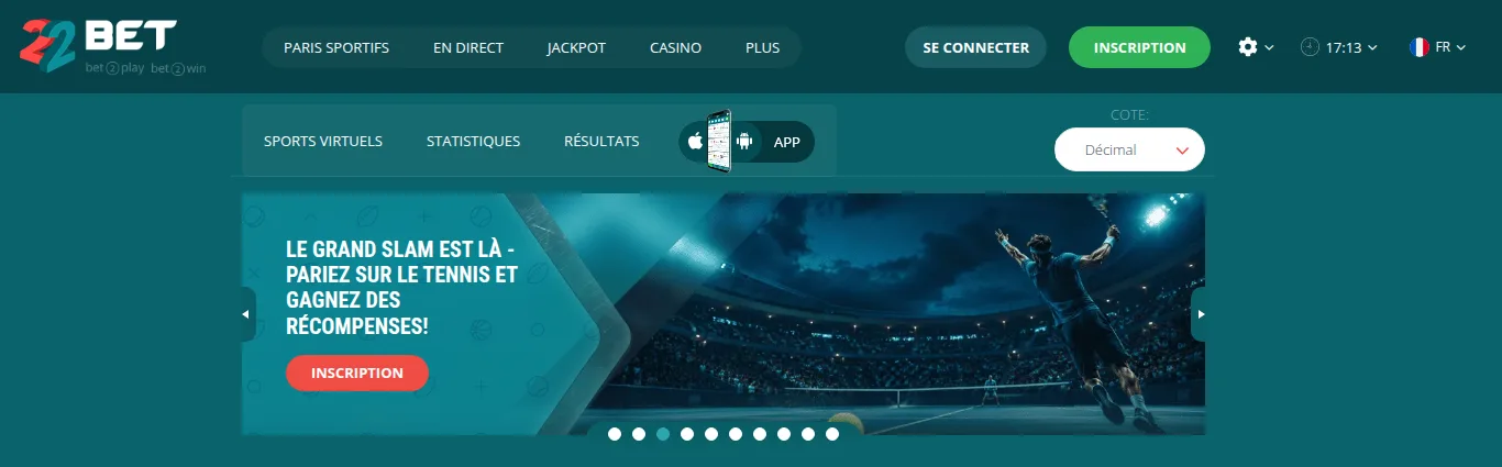 Page d'accueil de 22bet en français, avec le menu principal, le sélecteur de format des cotes et une bannière promotionnelle consacrée au tennis