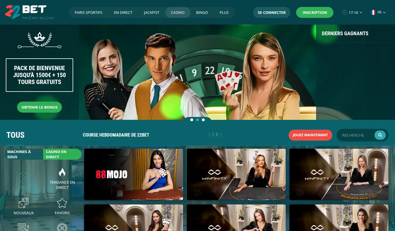 Lobby du casino de 22bet avec la bannière du pack de bienvenue, le menu latéral des catégories de jeux et les tables de casino en direct