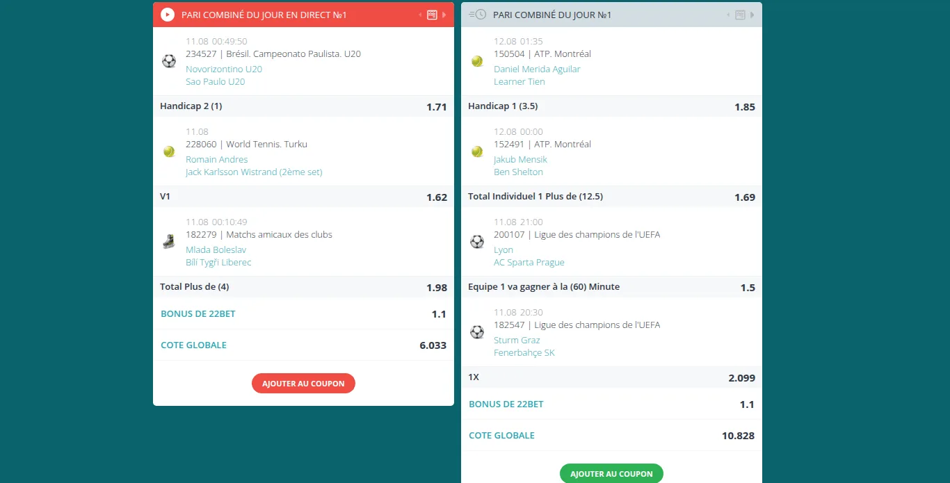 Les deux combinés du jour proposés par 22bet, l'un en direct et l'autre en prématch, avec le détail des sélections et la cote globale