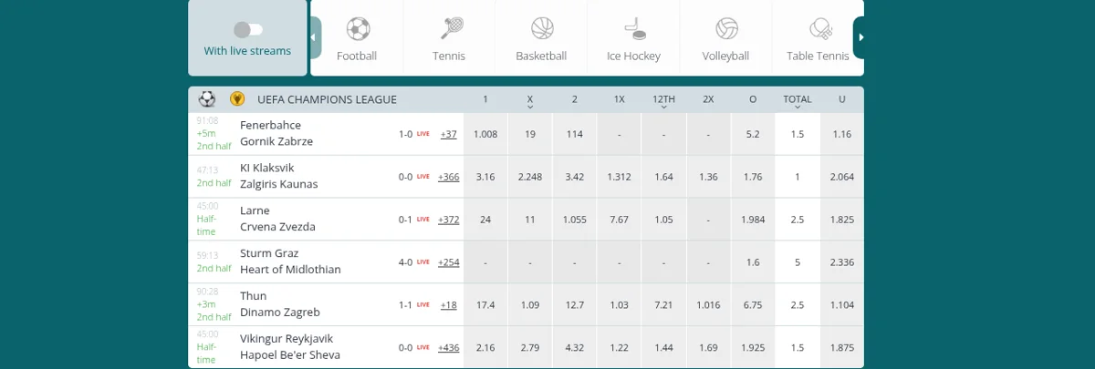 Page d'accueil et cotes de 22bet