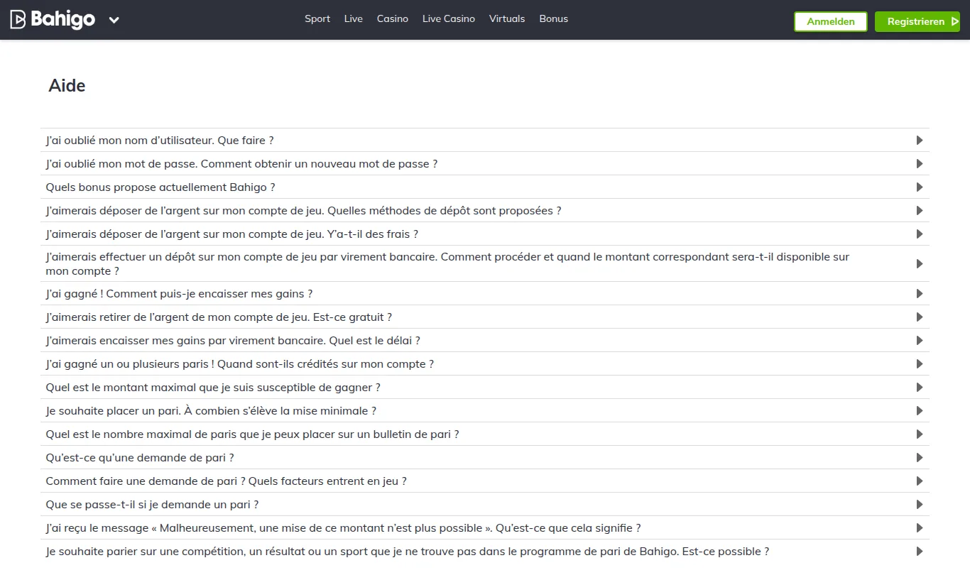 Section Aide de Bahigo en français avec les questions fréquentes sur les dépôts, les retraits et les paris