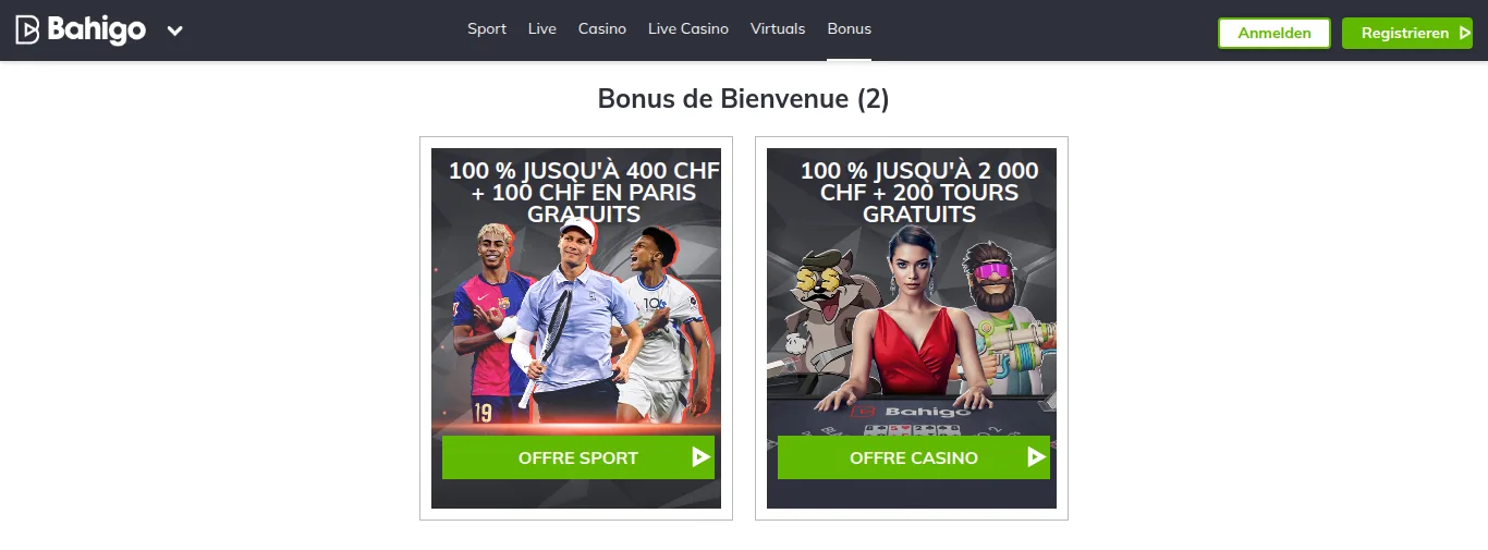 Les deux bonus de bienvenue de Bahigo : offre sport et offre casino en francs suisses