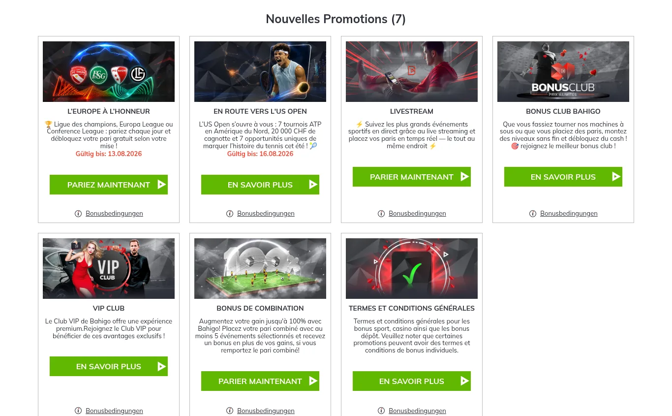 Page des promotions de Bahigo avec les offres récurrentes en cours
