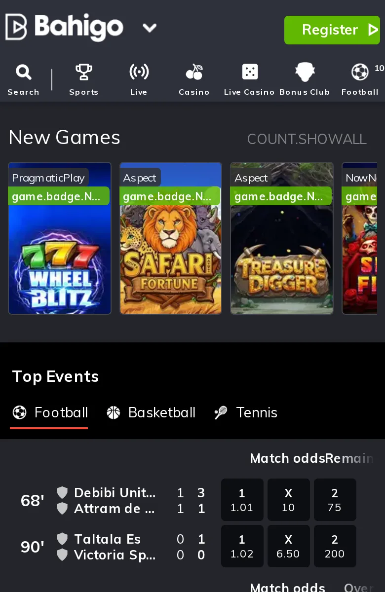 Site mobile de Bahigo sur smartphone avec jeux et cotes des Top Events