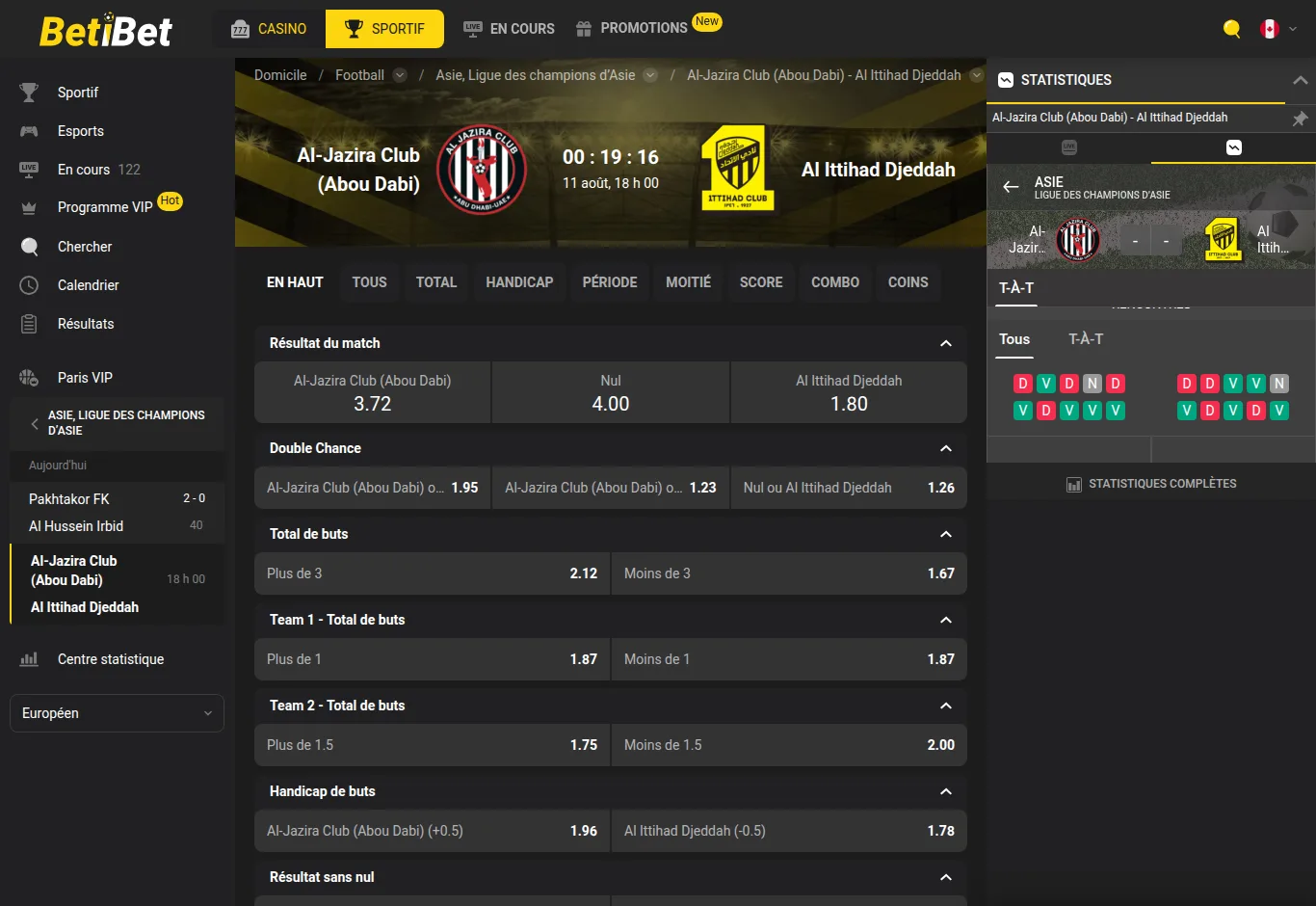 Grille des cotes d'une rencontre de Ligue des champions d'Asie chez Betibet, avec les marchés Résultat du match, Double chance, Total de buts et Handicap de buts