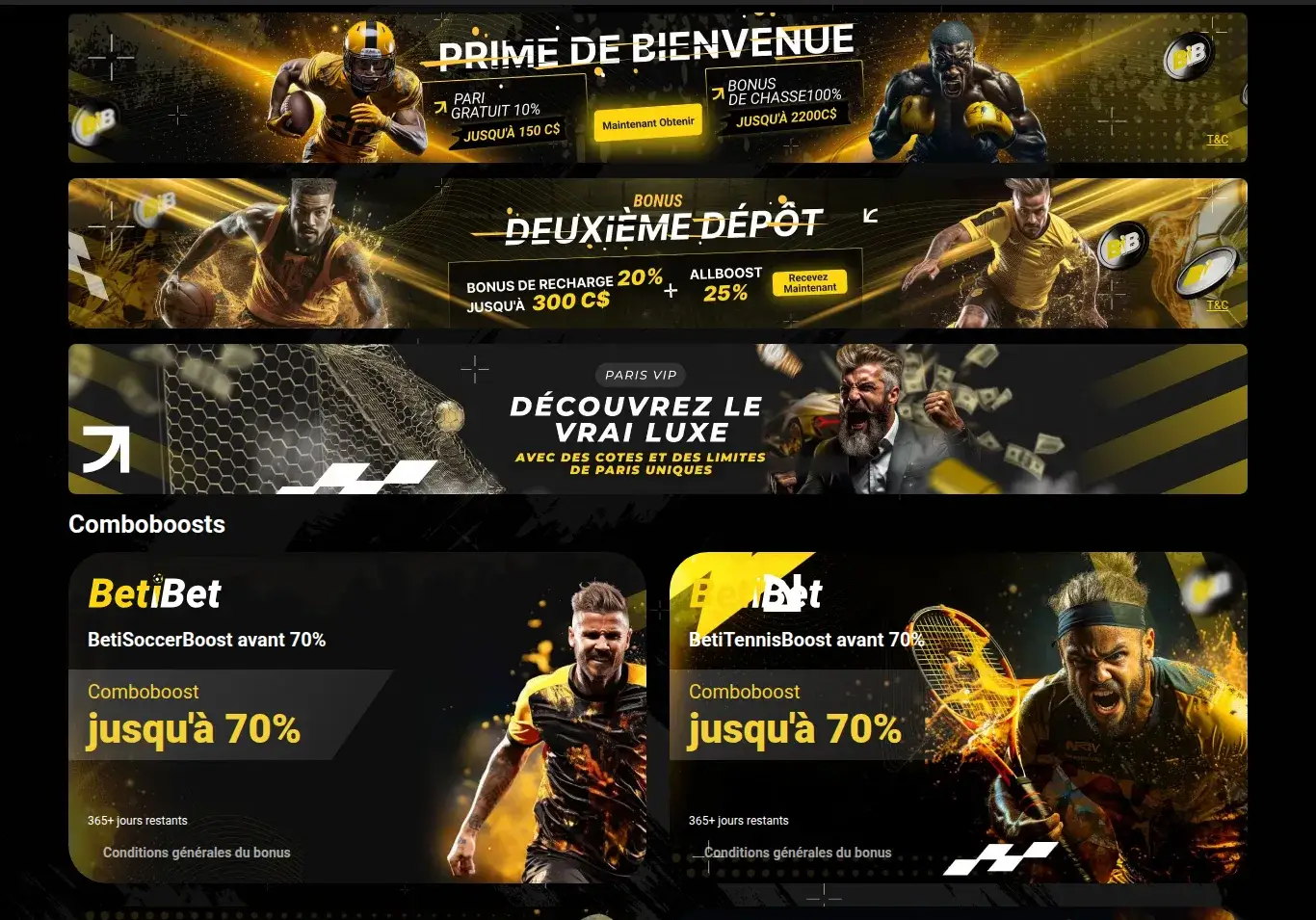 Page des promotions de Betibet : bannières de la prime de bienvenue, du bonus de deuxième dépôt et des Comboboosts par sport