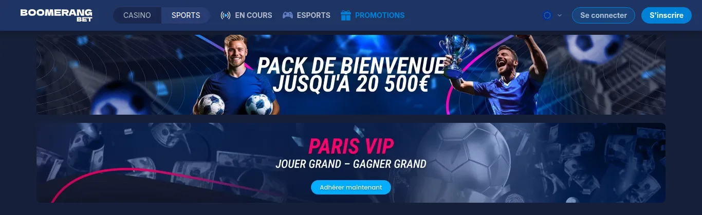 Page des promotions de Boomerang en français, avec la bannière du pack de bienvenue et le bandeau Paris VIP