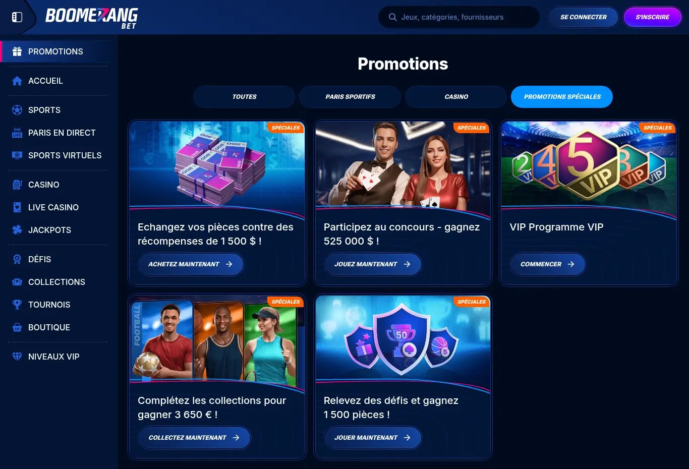 Page des promotions spéciales de Boomerang en français : échange de pièces, concours, programme VIP, collections et défis