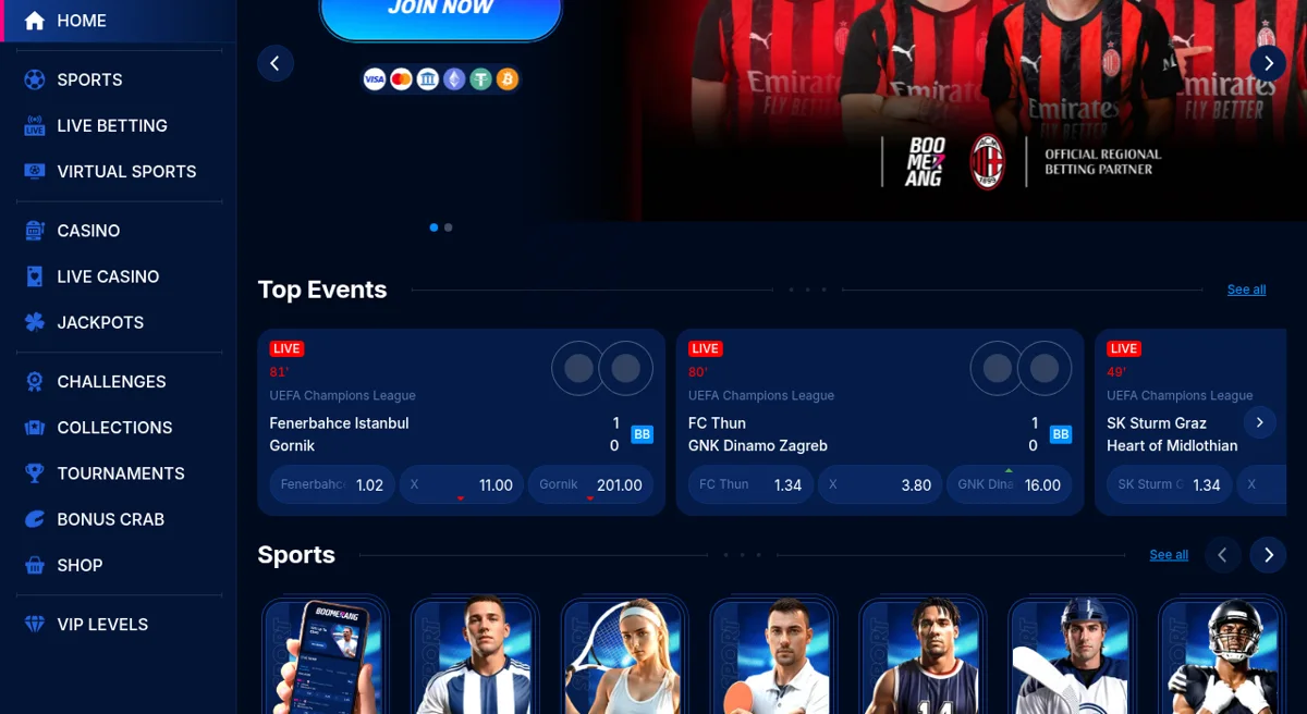 Aperçu de Boomerang — plateforme de paris sportifs