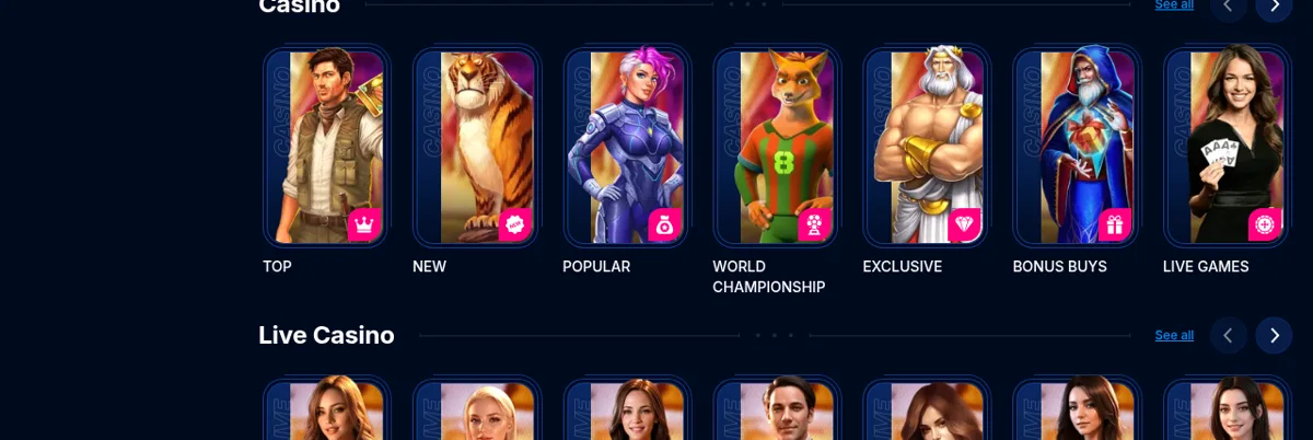 Catégories du casino en ligne de Boomerang : top, nouveautés, populaires, exclusivités, bonus buys et jeux en direct