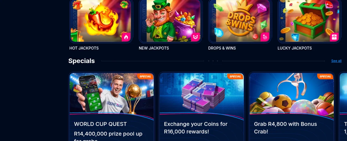 Rubrique Specials de Boomerang avec les jackpots, la quête Coupe du monde, l'échange de coins et le mini-jeu Bonus Crab