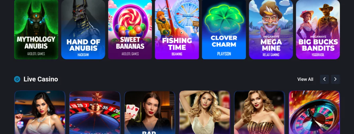 Carrousels de machines à sous et de tables de casino en direct chez MyStake, avec les noms des fournisseurs sous chaque vignette