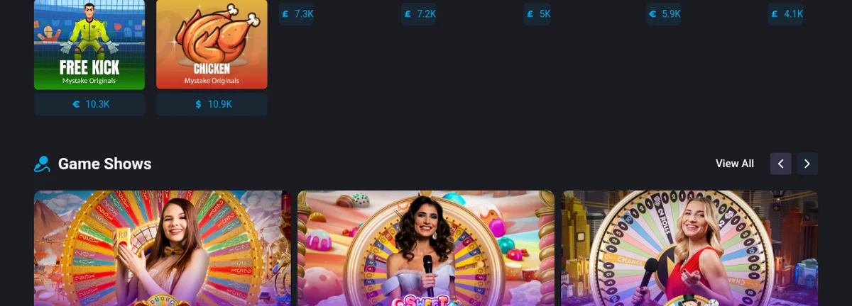 Jeux MyStake Originals Free Kick et Chicken avec les montants gagnés affichés en direct, au-dessus de la rubrique Game Shows