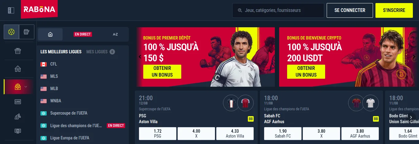 Haut de la section paris sportifs de Rabona avec les deux bandeaux d'offre de bienvenue, l'un sur le premier dépôt, l'autre réservé aux dépôts en cryptomonnaies