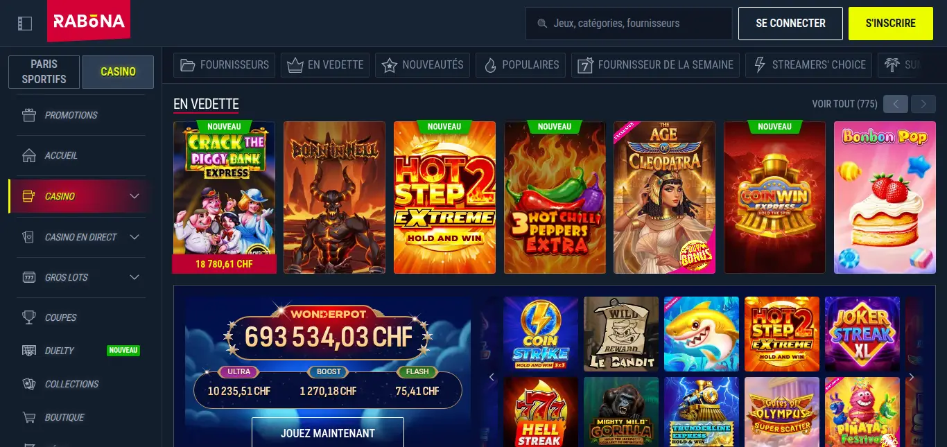Lobby du casino de Rabona avec les jeux mis en vedette, les catégories de machines à sous et les compteurs de jackpots progressifs libellés en francs suisses