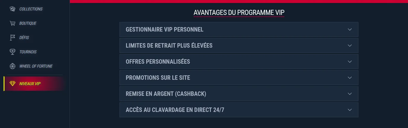 Page des niveaux VIP de Rabona listant les avantages du programme : gestionnaire personnel, limites de retrait plus élevées, offres personnalisées, promotions et remise en argent