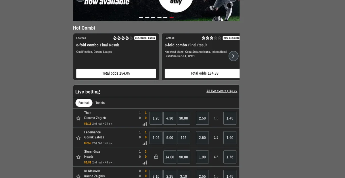 Encarts Hot Combi de Sporttip avec bonus de combiné et tableau des paris en direct football