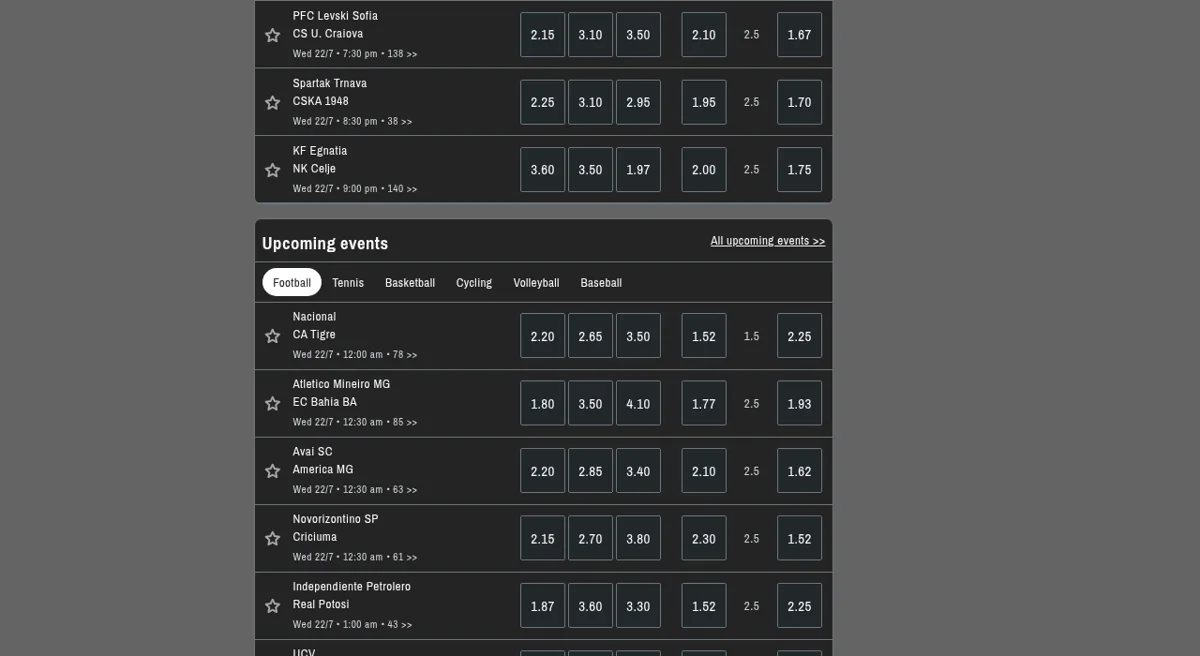 Liste des événements à venir chez Sporttip avec onglets par sport et cotes détaillées
