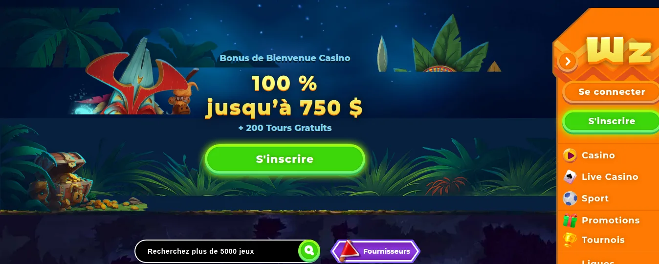 Page d'accueil francophone de Wazamba avec le bonus de bienvenue casino, la recherche de jeux et le menu latéral
