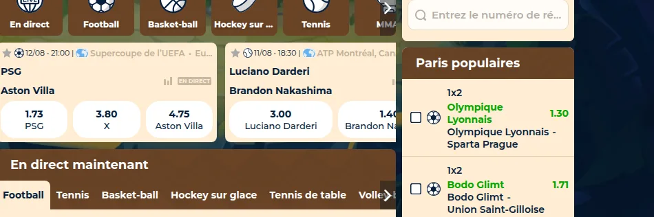 Cotes 1X2 affichées par Wazamba sur une affiche de Supercoupe de l'UEFA et sur un match du tournoi ATP de Montréal