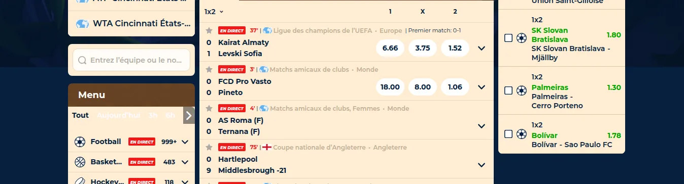 Liste des rencontres en direct de Wazamba avec scores, minute de jeu et cotes 1X2