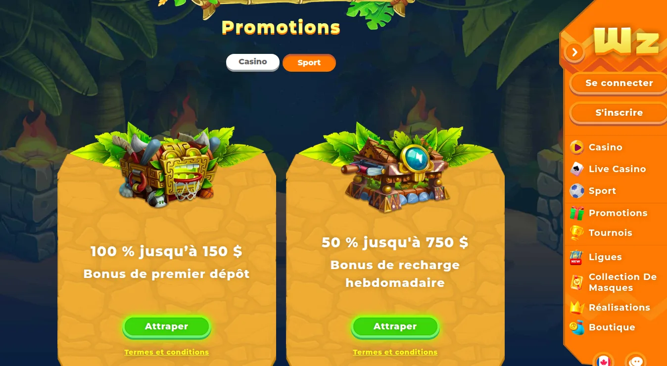 Page Promotions de Wazamba, onglet Sport, avec le bonus de premier dépôt et le bonus de recharge hebdomadaire