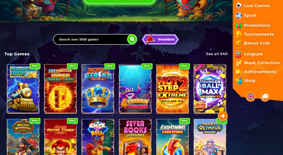 Menu et catalogue de jeux de Wazamba avec les entrées Sport, Ligues, Collection de masques, Réalisations et Boutique