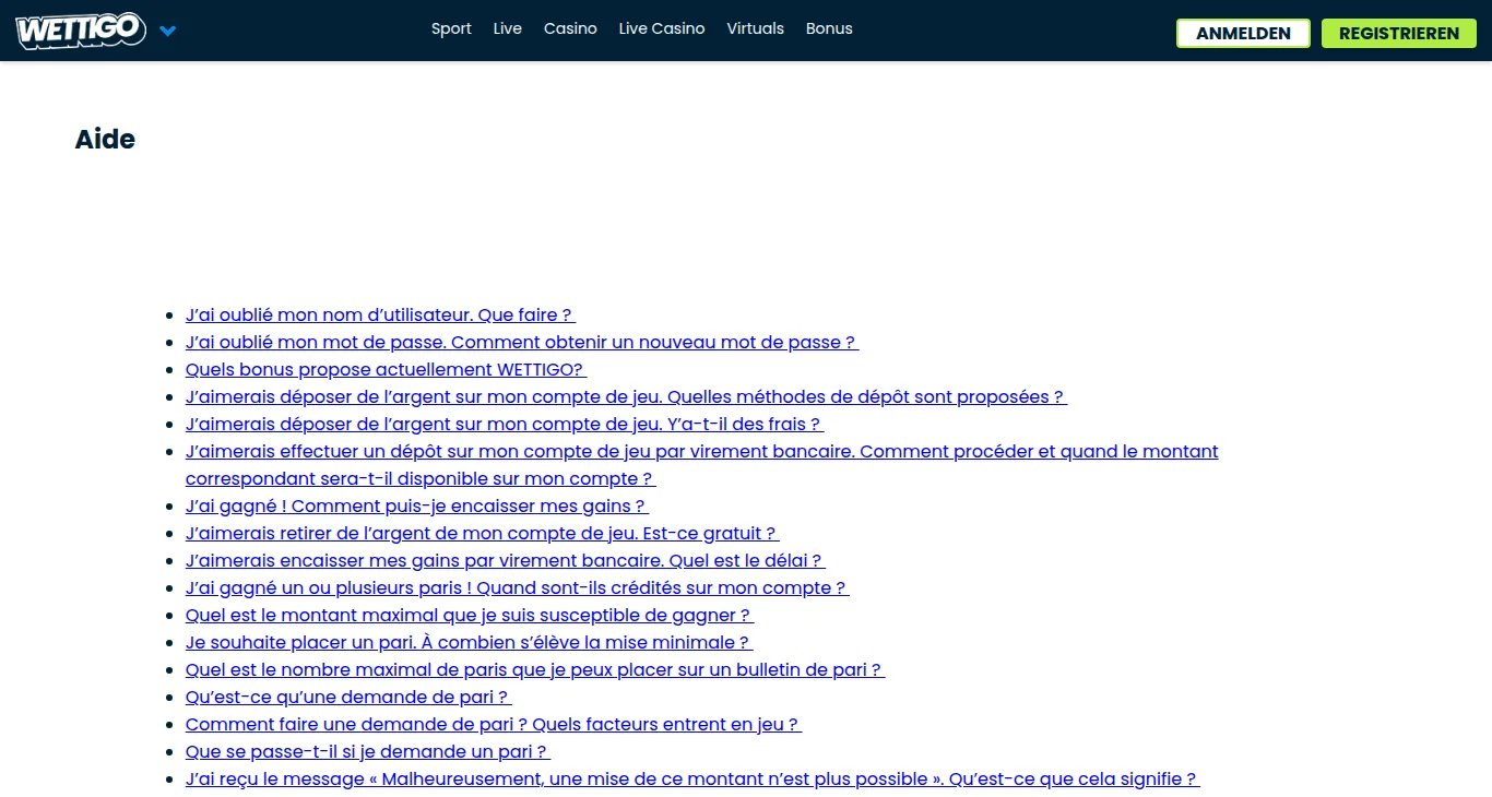 Centre d'aide de Wettigo affiché en français : liste des questions fréquentes sur les dépôts, les retraits, les bonus et les paris