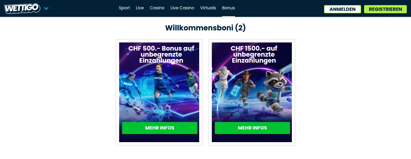 Page des bonus de bienvenue de Wettigo : deux offres affichées, 500 CHF et 1500 CHF, dans une interface en allemand