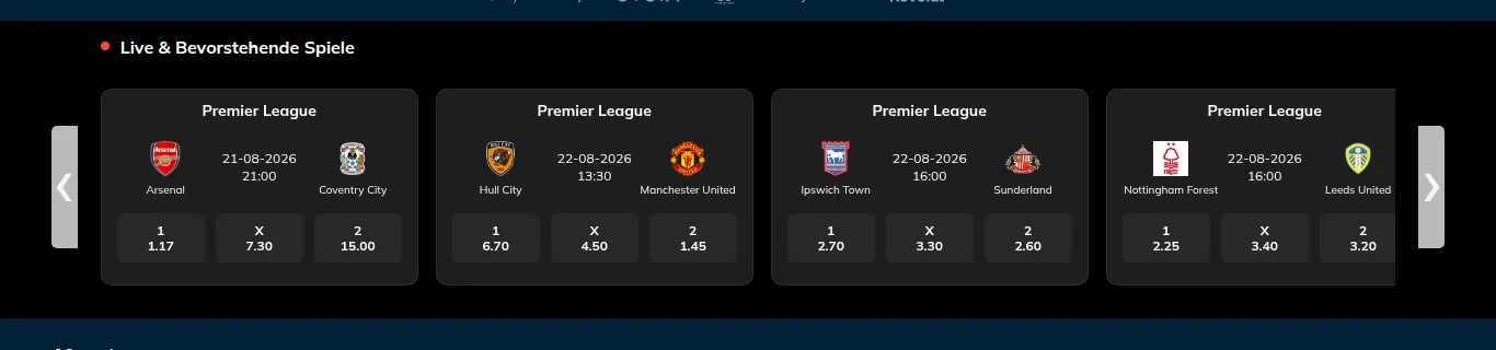 Carrousel des matchs en direct et à venir sur l'accueil de Wettigo, avec quatre affiches de Premier League et leurs cotes 1 X 2