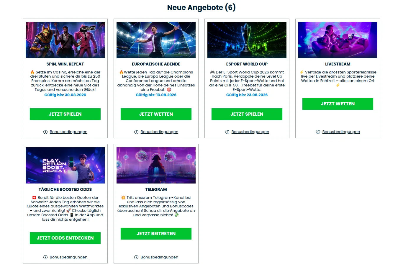 Promotions récurrentes de Wettigo : six offres du moment, dont soirées européennes, cotes majorées quotidiennes et livestream