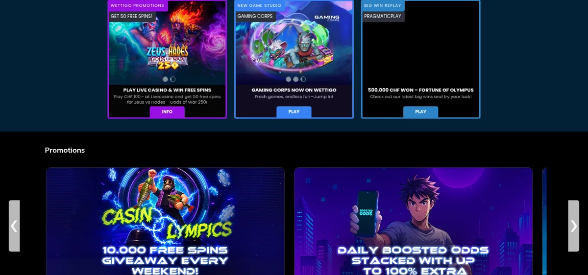 Page des promotions de Wettigo : cotes boostées et offres du moment